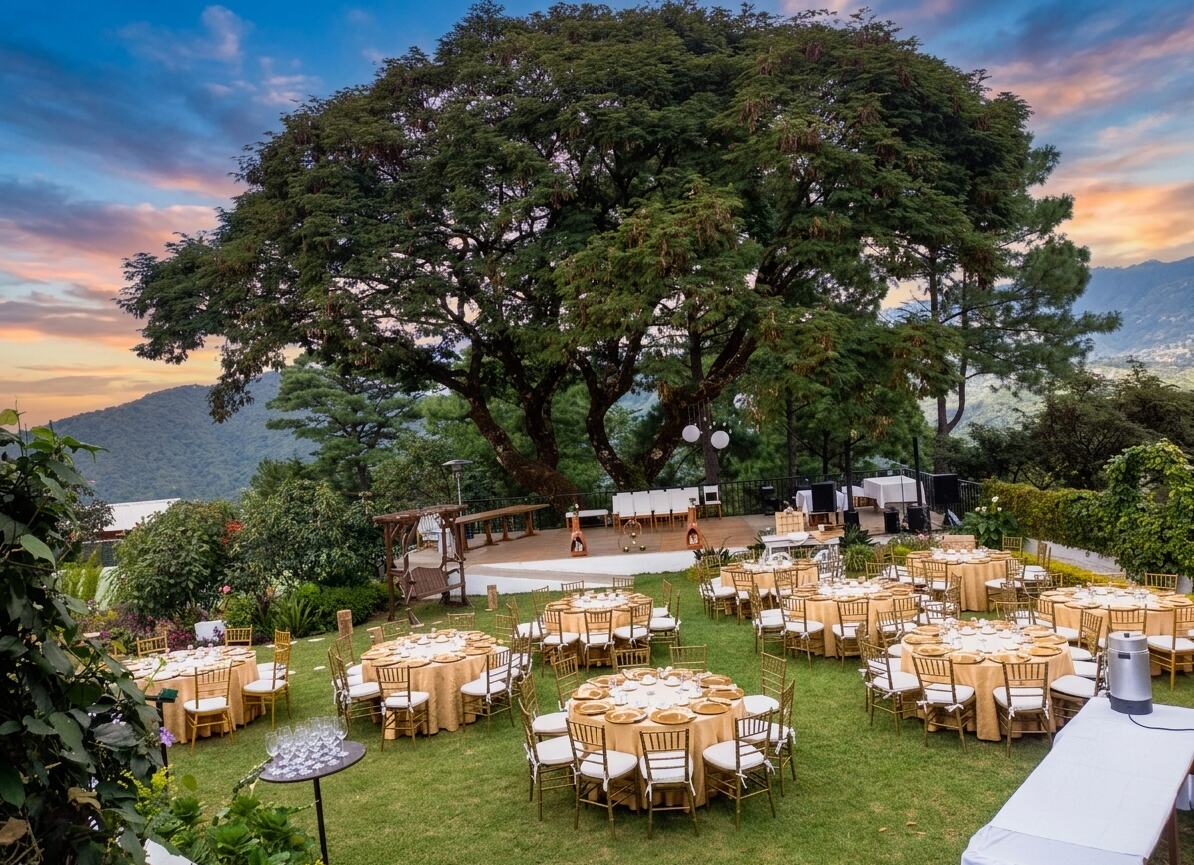 Banquete de boda al atardecer bajo el árbol centenario del jardín de eventos